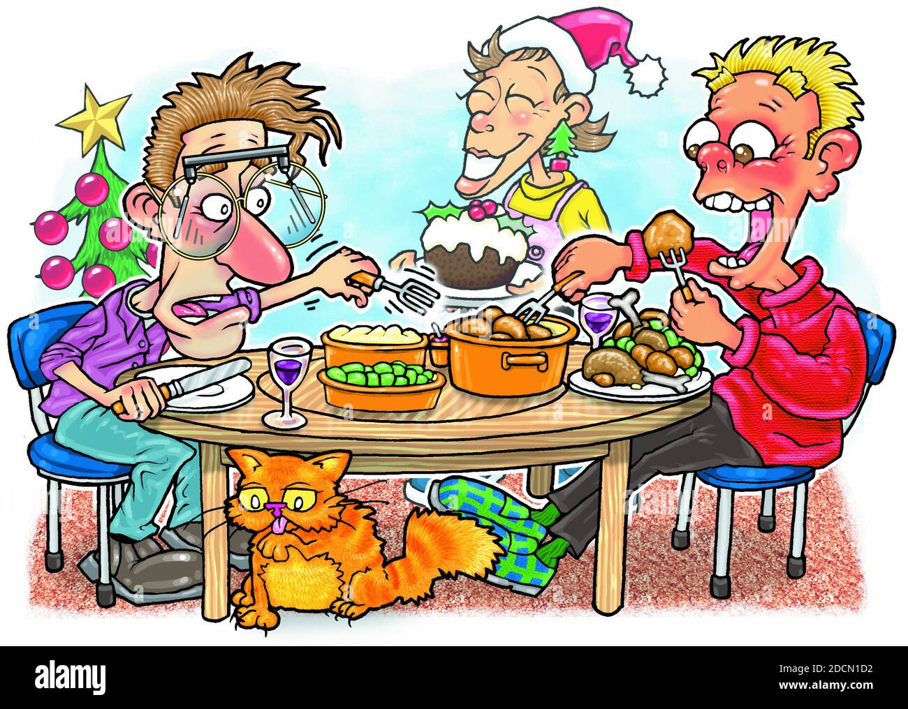 Illustrazione dell'opera d'arte della cena di Natale di festa, pasto divertente della famiglia con scherzo visivo dei tergicristalli sui vetri dovuto mangiare rapidamente Foto Stock