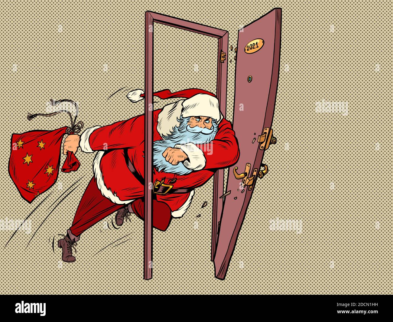 Babbo Natale sta calando la porta nel 2021. Anno nuovo e Natale Illustrazione Vettoriale