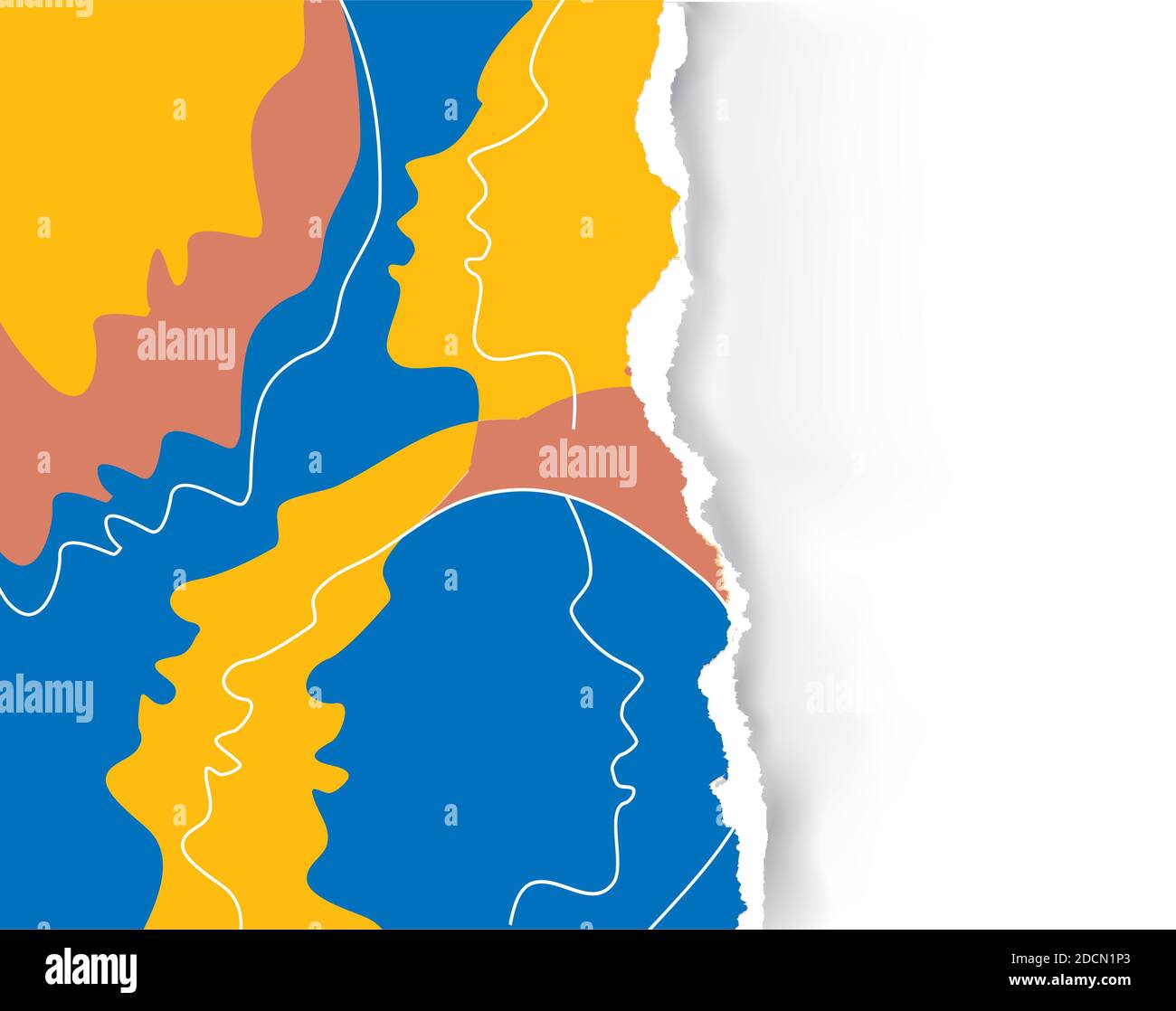 Teste umane sfondo colorato, emozione della gente, carta strappata sfondo.Illustrazione stilizzata di teste profilo di persone diverse. Plac eper il tuo testo. Illustrazione Vettoriale