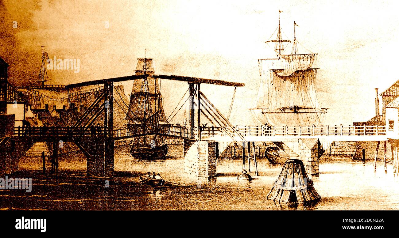 Il vecchio ponte a Whitby come era nel 1833.. Ha funzionato in base al principio del ponte levatoio, ma ha dovuto essere rimosso a causa dei danni subiti dalle navi e del fatto che stava diventando troppo piccola per consentire il passaggio delle navi più grandi. Foto Stock Il vecchio ponte a Whitby come era nel 1833.. Ha funzionato in base al principio del ponte levatoio, ma ha dovuto essere rimosso a causa dei danni subiti dalle navi e del fatto che stava diventando troppo piccola per consentire il passaggio delle navi più grandi. Foto Stock