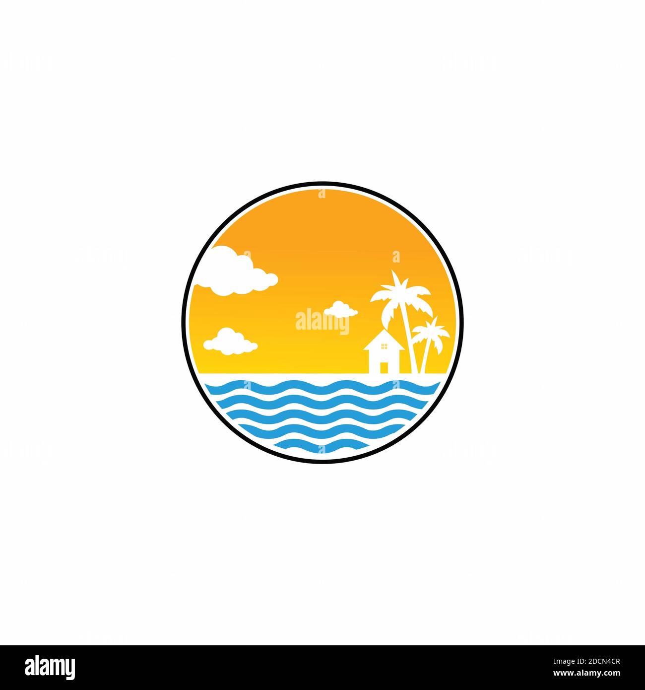 simbolo icona tramonto con palme e logo mare ispirazione di design. Foto Stock