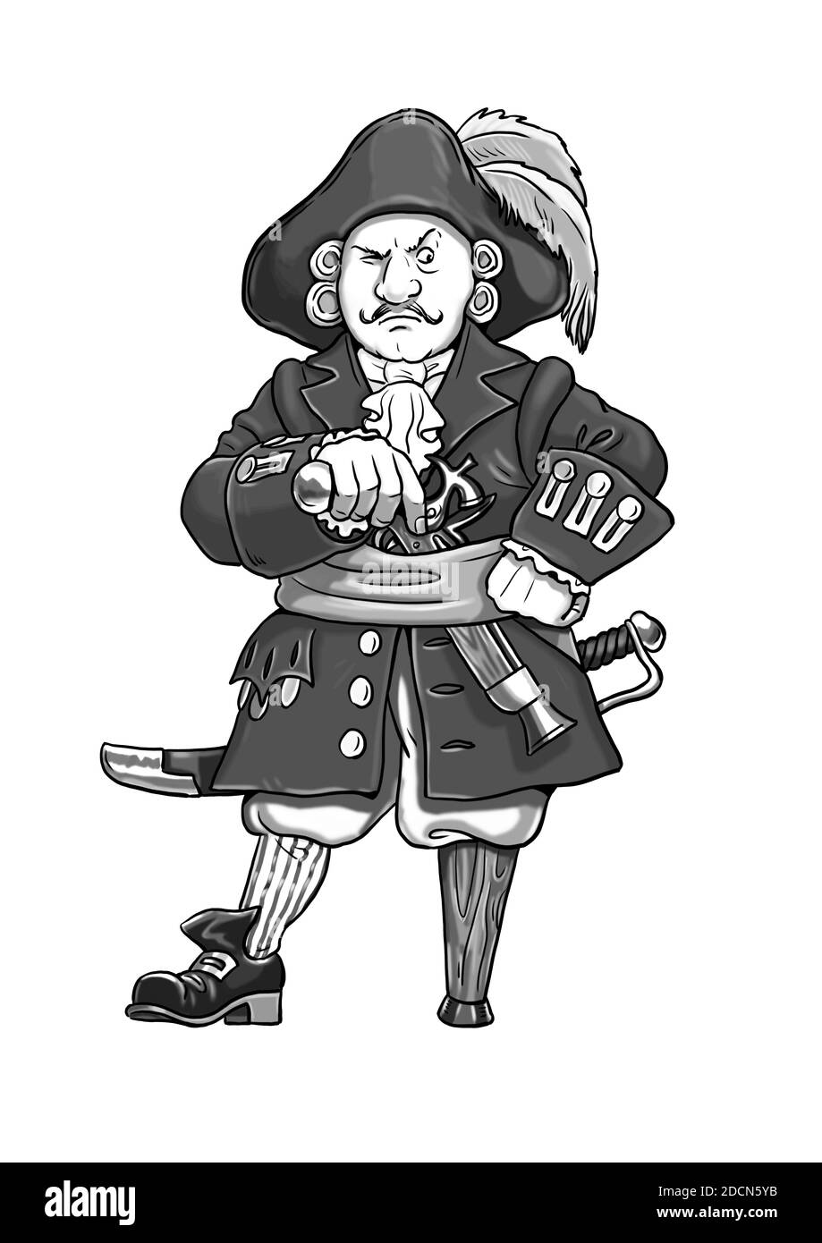 Capitano pirata con il cartoon di legno gamba. Divertente capitano Flint. Disegno bianco nero. Foto Stock