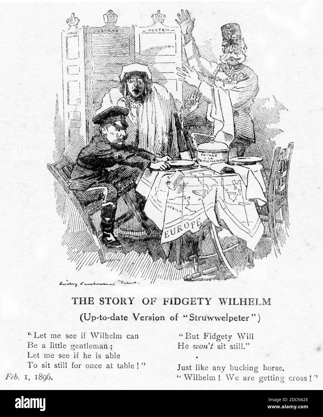 Incisione di Kaiser Wilhelm, di Germania, in disordine con i suoi vicini europei. Illustrazione di Punch Magazine 1896 Foto Stock