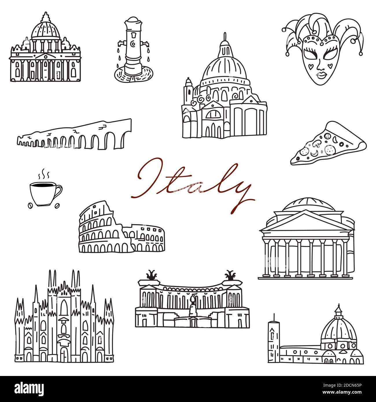 Italia icone di doodle disegnate a mano. Architettura di viaggio. Fontane, cattedrali, cibo. Simboli italiani delineano il disegno vettoriale clipart Illustrazione Vettoriale