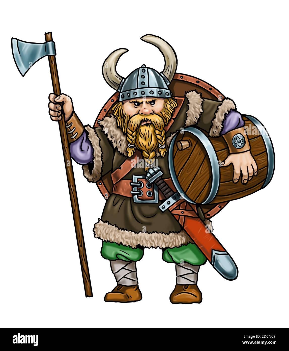 Viking con ascia. Ladro medievale. Disegno a fumetti. Foto Stock