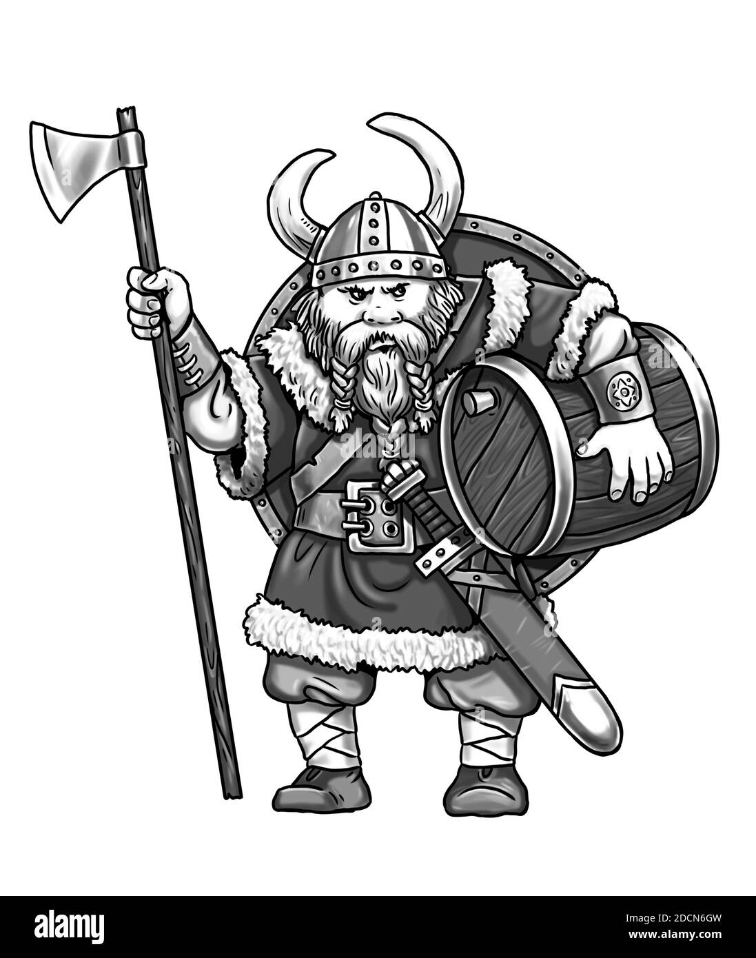 Viking con ascia. Ladro medievale. Disegno fumetto bianco nero. Foto Stock