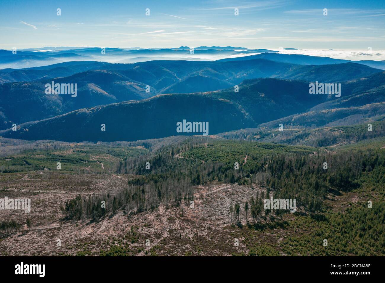 Montagne polacche in Slesia Beskid a Szczyrk. Skrzyczne collina inPolonia in autunno, stagione autunno drone aereo vista foto Foto Stock