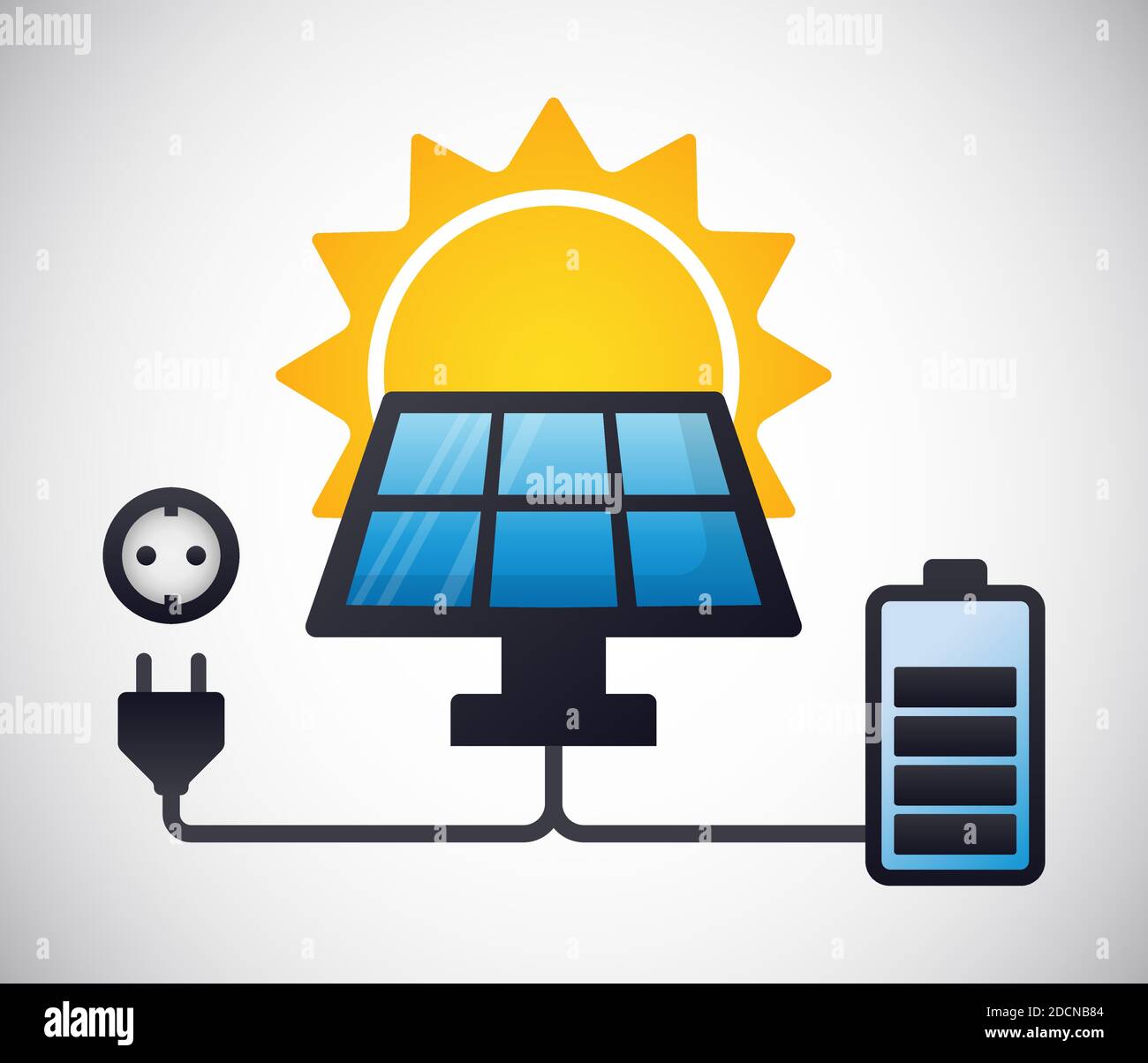 Il pannello energia solare sta caricando una batteria e un'alimentazione alternativa illustrazione vettoriale colorata del concetto plug Illustrazione Vettoriale