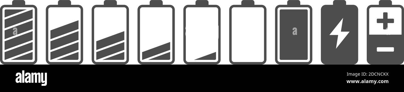 Diversi simboli dell'icona di carica della capacità della batteria con il livello di carica massimo e basso stato Illustrazione Vettoriale