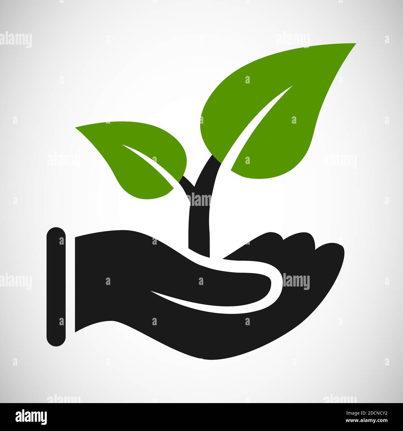 Mano grigia e foglie verdi crescenti icona di ecologia agricoltura simbolo Illustrazione Vettoriale