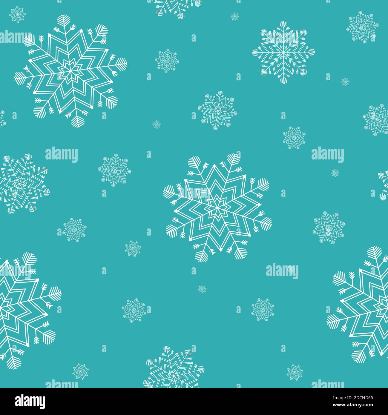Motivo senza cuciture di geometrie fiocchi di neve bianchi di diverse dimensioni su sfondo turchese. Vacanza invernale in stile appartamento e concetto di Felice anno nuovo. Christma Foto Stock