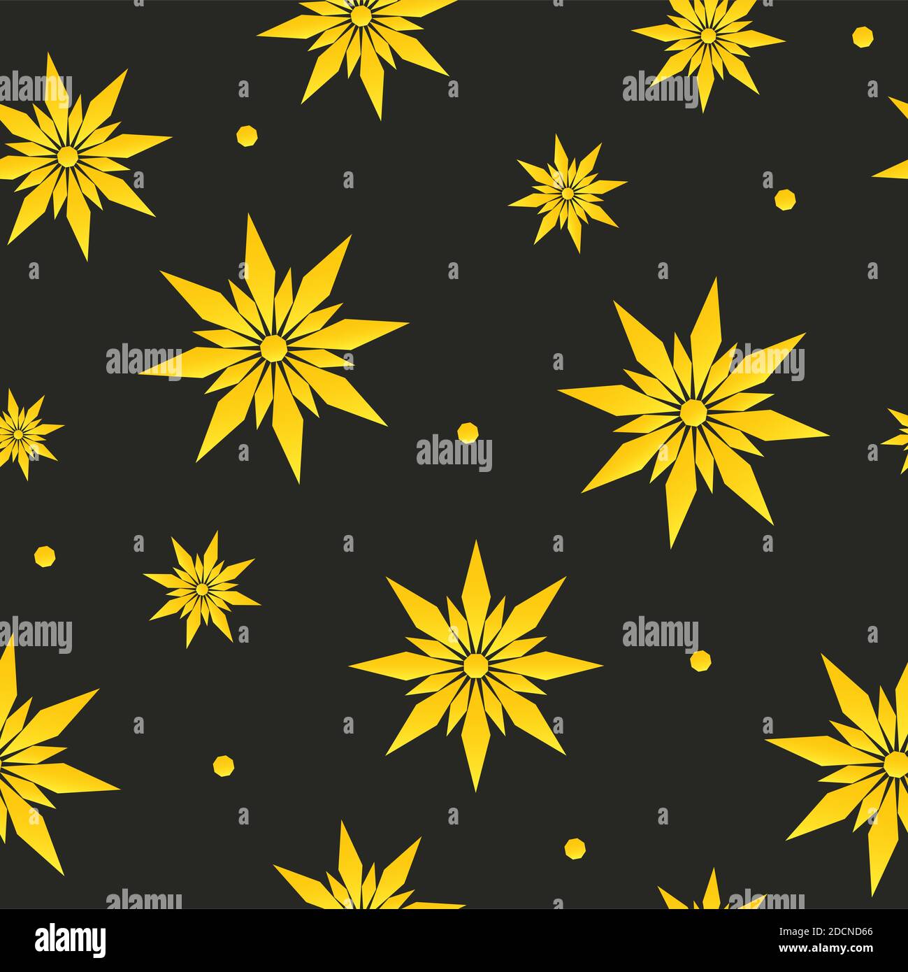 Motivo senza cuciture di fiocchi di neve geometrici in oro stelle di diverse dimensioni su sfondo scuro. Vacanza invernale in stile appartamento e concetto di Felice anno nuovo. Christma Foto Stock