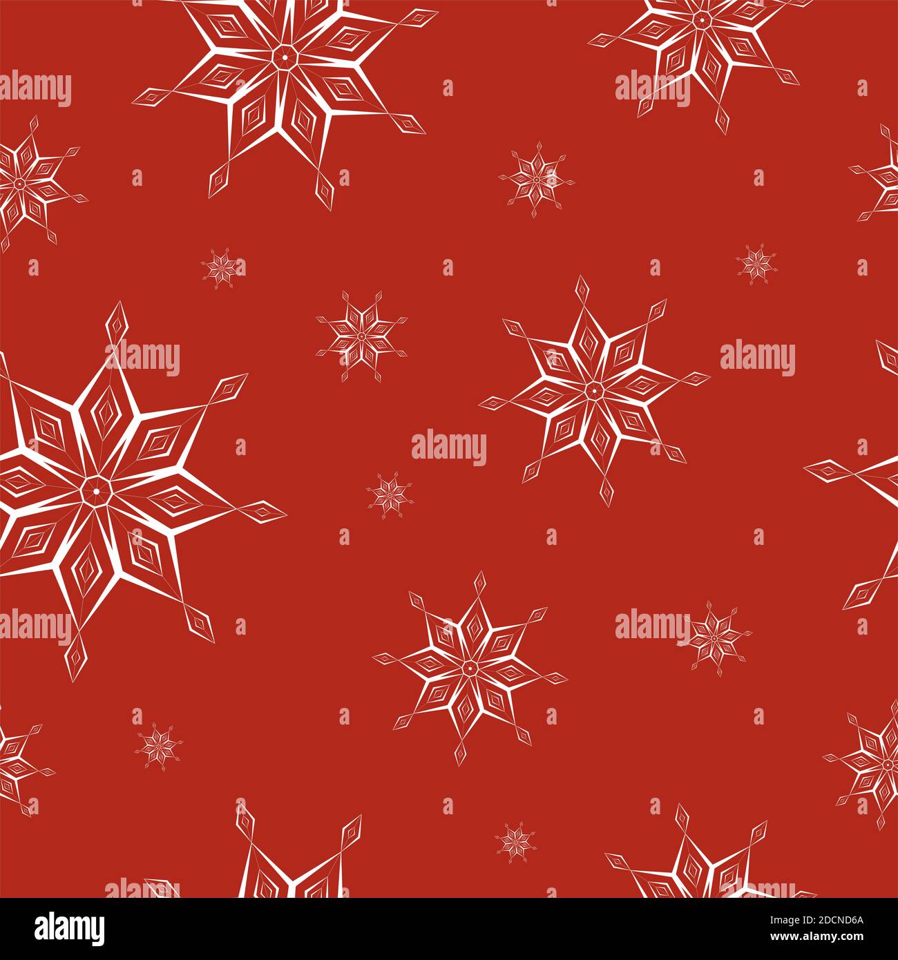 Motivo senza cuciture di geometrie fiocchi di neve bianchi di diverse dimensioni su sfondo rosso. Vacanza invernale in stile appartamento e concetto di Felice anno nuovo. orna di Natale Foto Stock