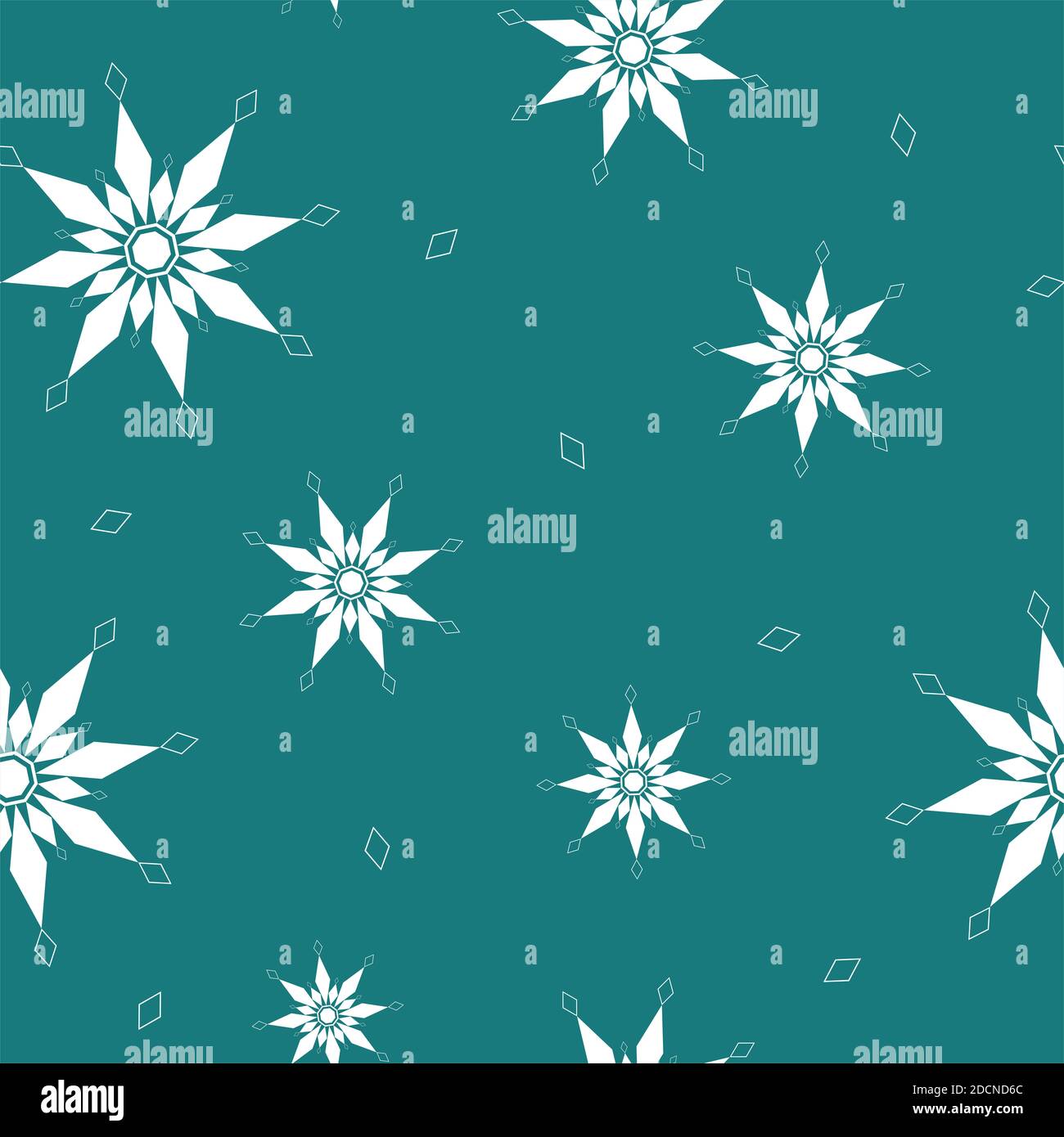 Motivo senza cuciture di fiocchi di neve bianchi geometrici e rombo di diverse dimensioni su sfondo verde. Vacanza invernale in stile appartamento e concetto di Felice anno nuovo. Foto Stock