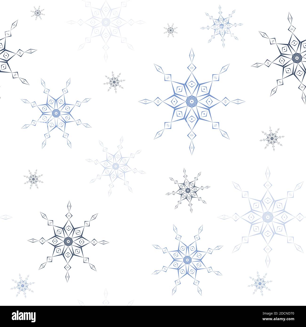 Motivo senza cuciture di geometrie diverse tonalità blu fiocchi di neve di diverse dimensioni su sfondo bianco. Vacanza invernale in stile appartamento e felice anno nuovo concep Foto Stock