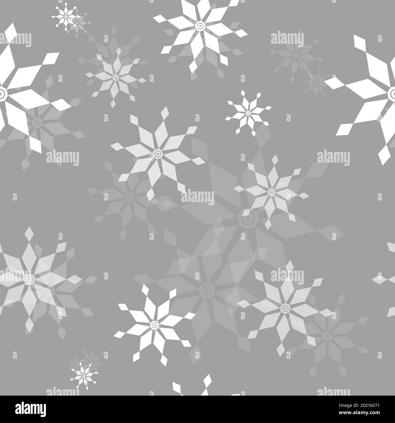 Motivo senza cuciture di geometric bianco fiocchi di neve di diverse dimensioni trasparenza su sfondo grigio. Vacanza invernale in stile appartamento e concetto di Felice anno nuovo. Foto Stock