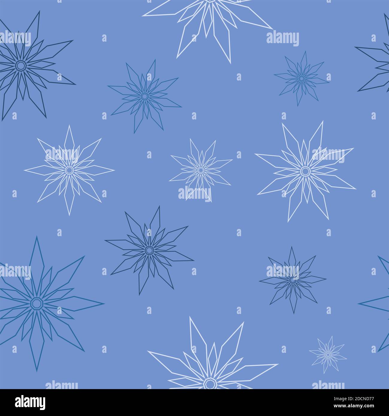 Motivo senza cuciture di geometrie blu scuro e bianco fiocchi di neve di diverse dimensioni su sfondo blu. Vacanza invernale in stile appartamento e concetto di Felice anno nuovo. Foto Stock