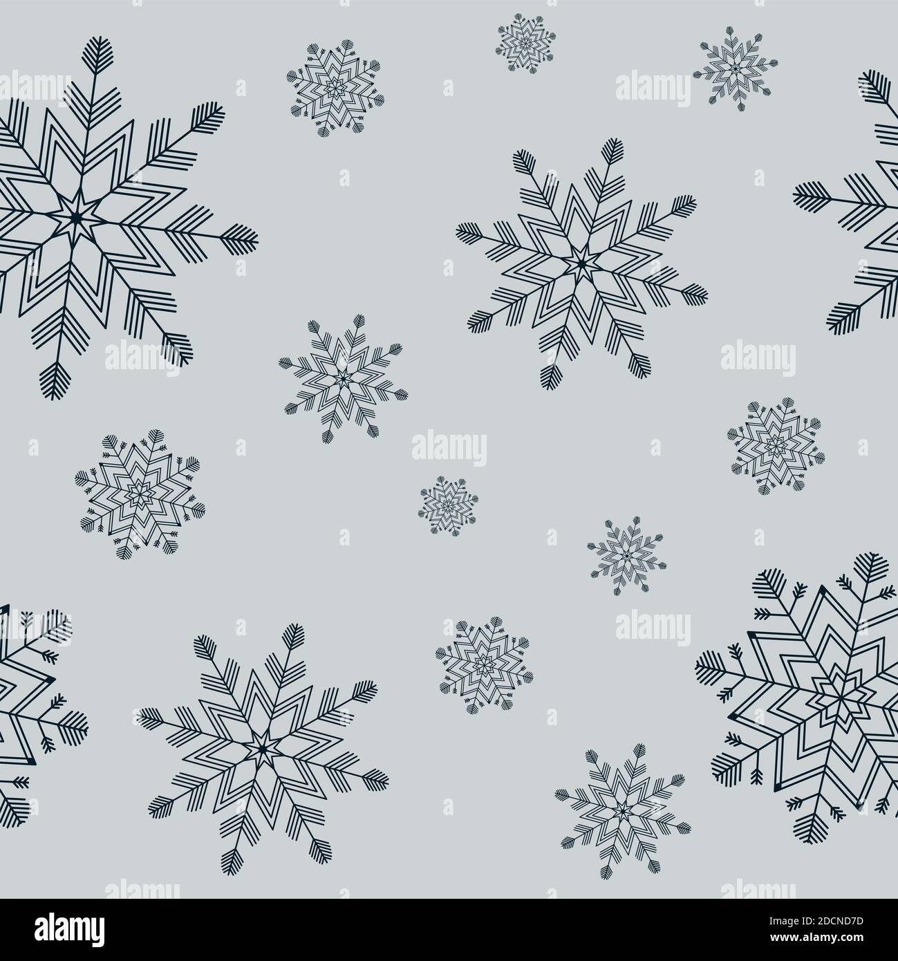 Motivo senza cuciture di geometrie fiocchi di neve scuri di diverse dimensioni su sfondo grigio. Vacanza invernale in stile appartamento e concetto di Felice anno nuovo. orna di Natale Foto Stock