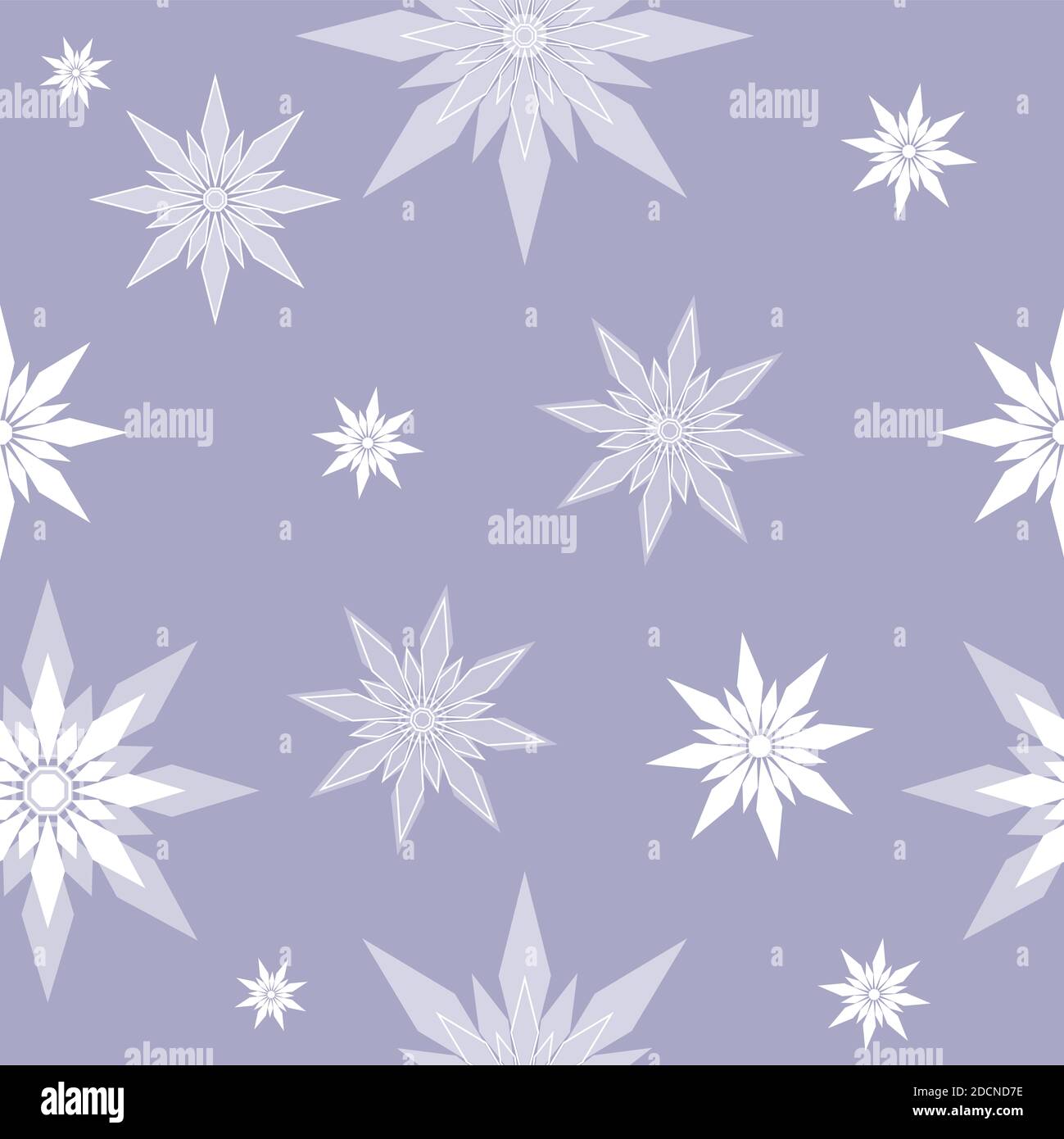 Motivo senza cuciture bianco fiocchi di neve stelle di diverse dimensioni su sfondo viola. Vacanza invernale in stile appartamento e concetto di Felice anno nuovo. Ornamento di Natale Foto Stock