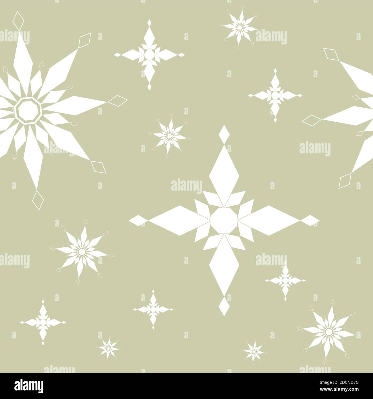 Motivo senza cuciture bianco geometrie fiocchi di neve stelle di diverse dimensioni su sfondo oro. Vacanza invernale in stile appartamento e concetto di Felice anno nuovo. Natale Foto Stock