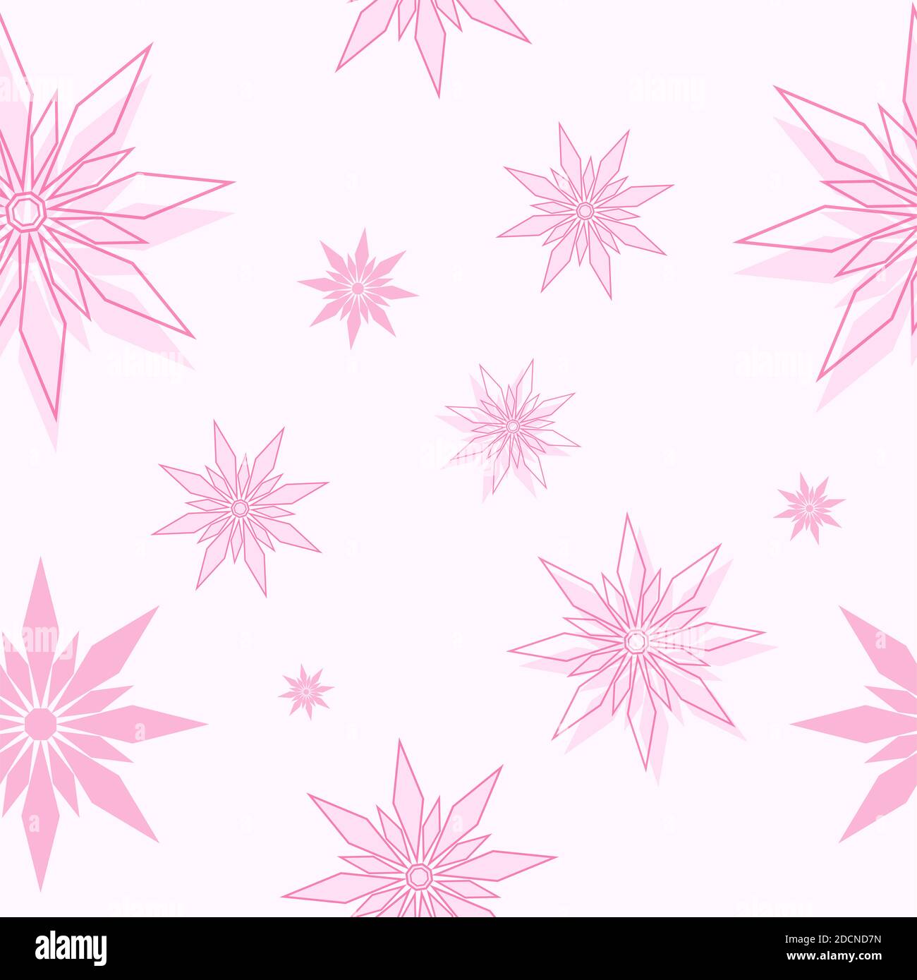 Motivo senza cuciture rosa fiocchi di neve geometrici stelle di diverse dimensioni su sfondo rosa. Vacanza invernale in stile appartamento e concetto di Felice anno nuovo. Natale o Foto Stock