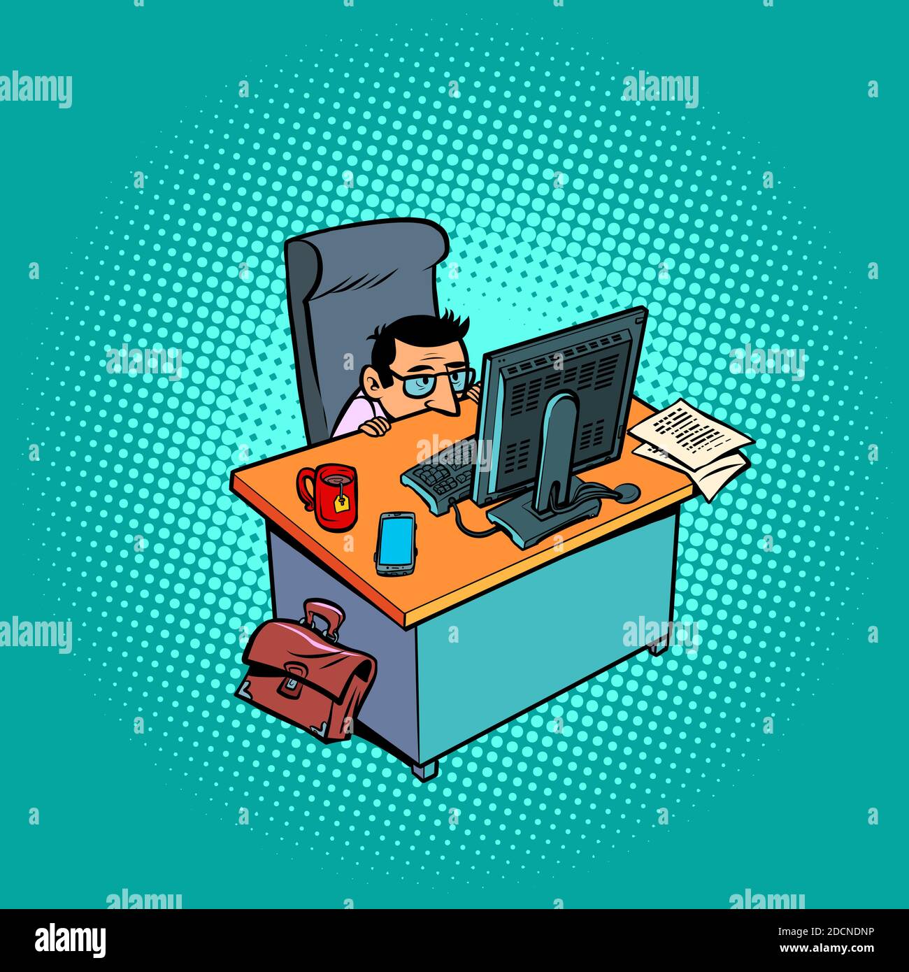 un uomo d'affari uomo timido e spaventato lavora in un ufficio luogo di lavoro in un computer Illustrazione Vettoriale
