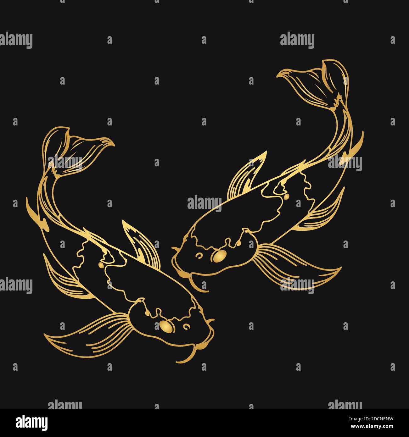 Set di Koi carpa giapponese simbolo di fortuna fortuna fortuna prosperità illustrazione vettoriale piatta dei cartoni animati di koi punteggiati rosso e nero isolato su sfondo nero Illustrazione Vettoriale