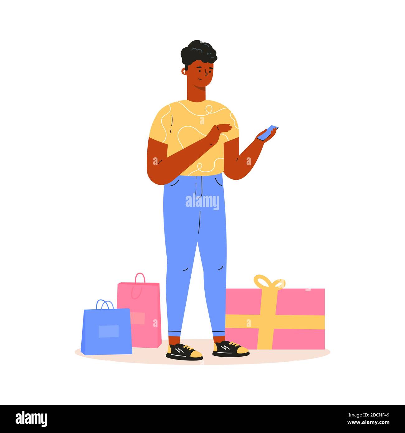 Giovane uomo che fa shopping e compra regali Illustrazione Vettoriale