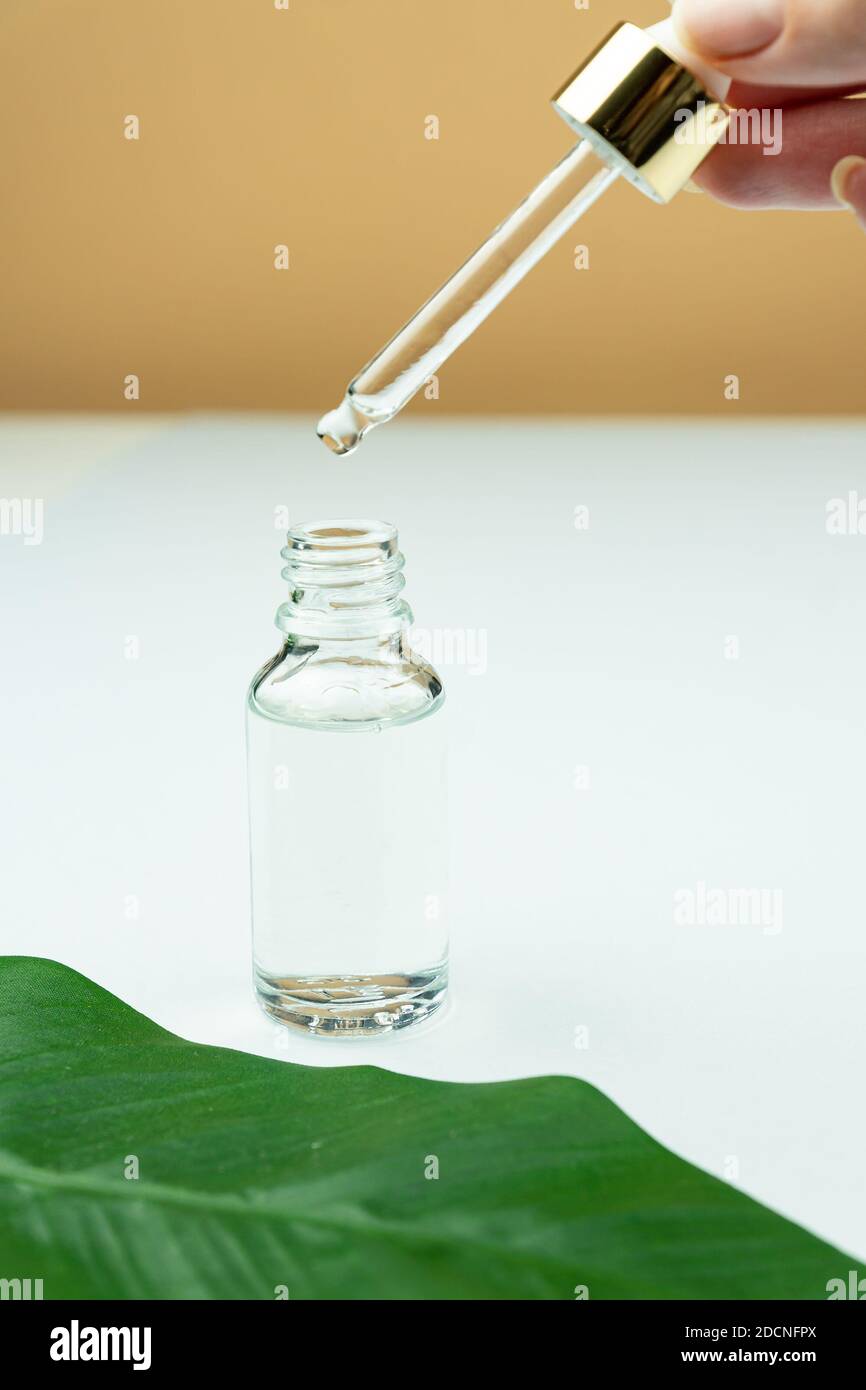 Flacone di vetro senza marchio per mano femminile con siero per la pelle. Trattamento idratante e rassodante per la pelle. Flacone per siero viso con contagocce. Cosme Foto Stock