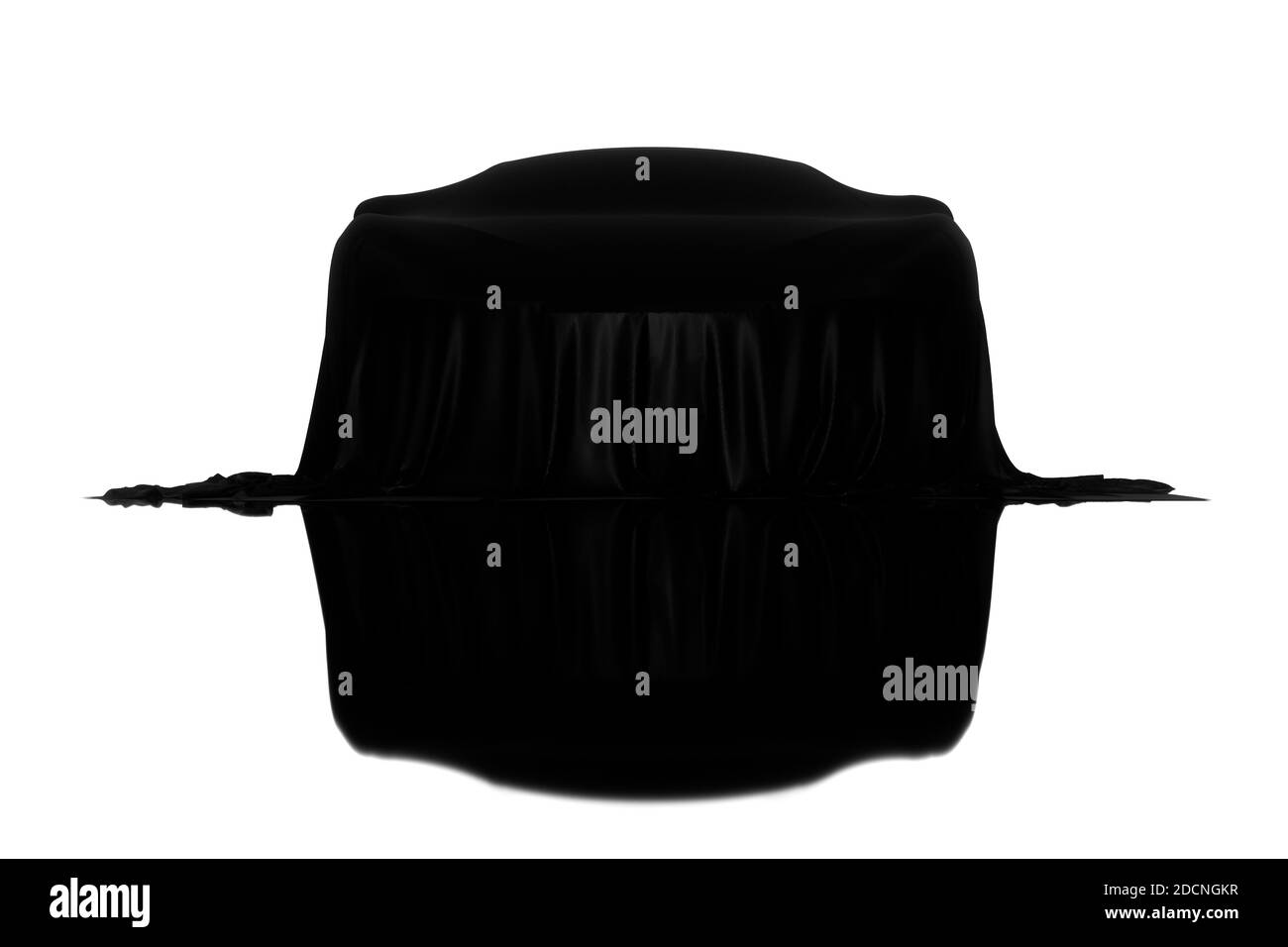 Nuova auto dal design da corsa rivestita con un panno nero sul pavimento dello specchio. illustrazione del rendering 3d isolata Foto Stock