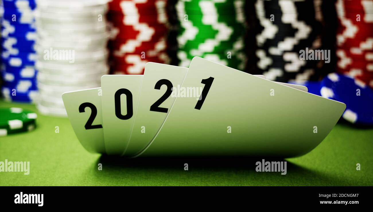 2021 carte da casinò con sfondo chips. illustrazione del rendering 3d Foto Stock