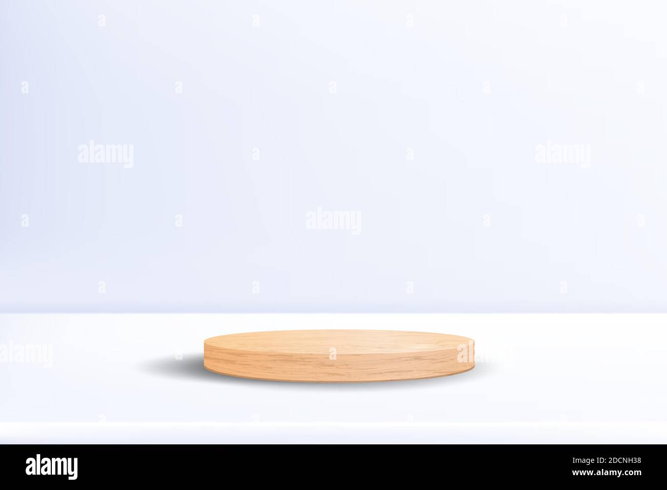 Podio in legno realistico su sfondo bianco neutro. Scena minima con piedistallo a cilindro vuoto per la presentazione dei prodotti. Piattaforma in legno naturale di lusso vettoriale Illustrazione Vettoriale
