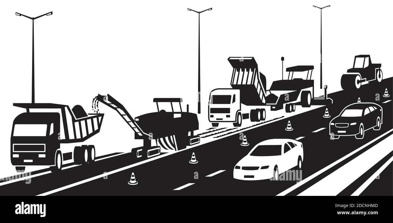 Riparazione di un'autostrada nel traffico – illustrazione vettoriale Illustrazione Vettoriale