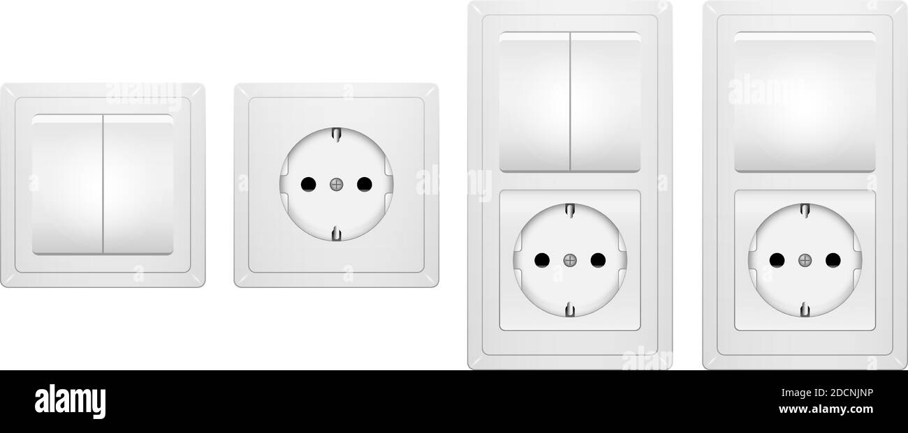 Interruttore luce bianco realistico per interruttore a parete e presa di corrente f illustrazione vettoriale 3d Illustrazione Vettoriale