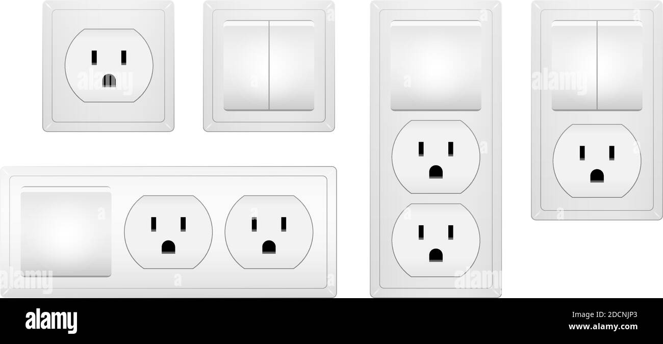 Interruttore luce per interruttore a parete bianco realistico e presa NEMA illustrazione vettoriale 3d di tipo b. Illustrazione Vettoriale