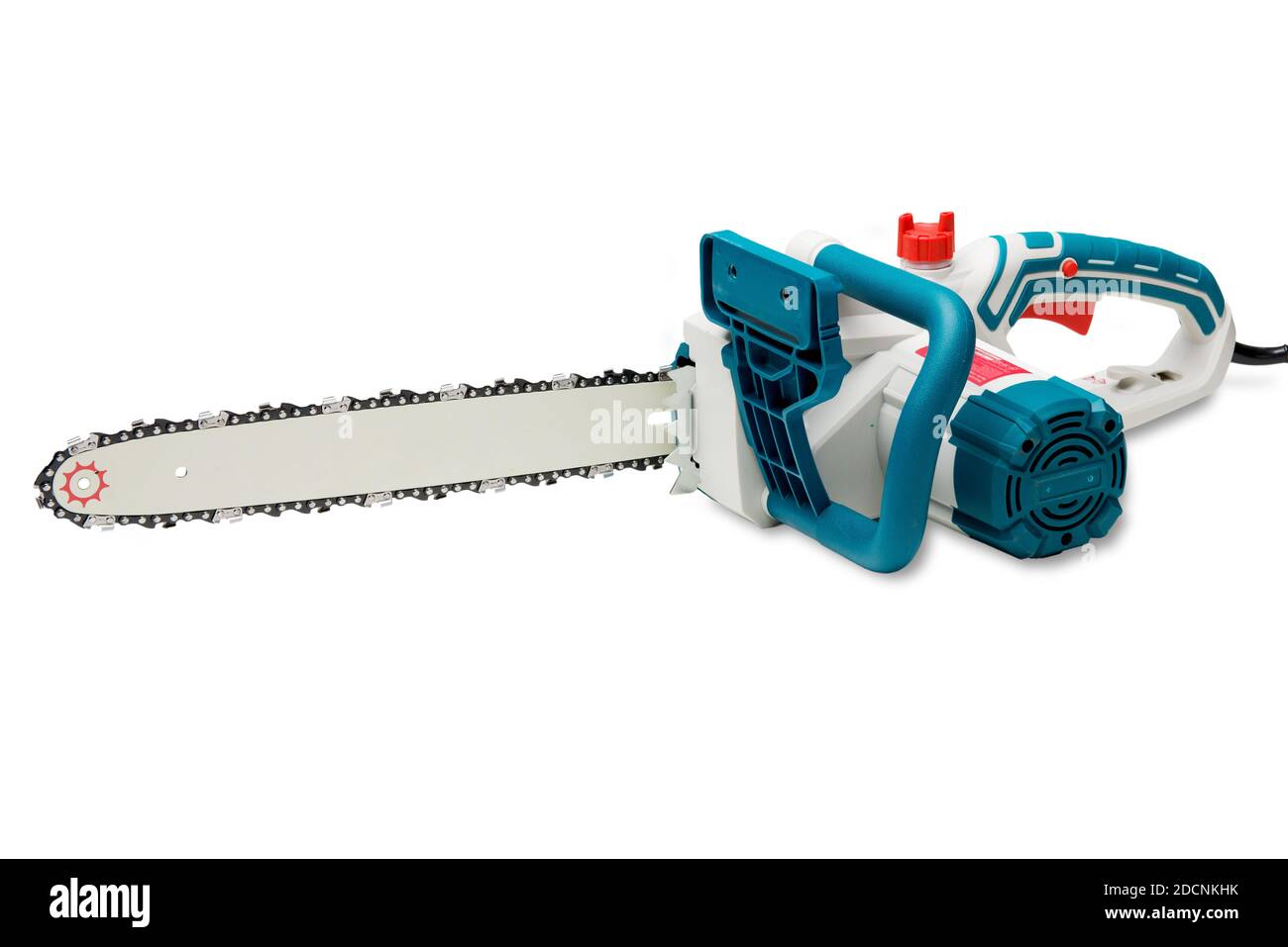 Nuova sega elettrica su fondo bianco isolato Foto Stock