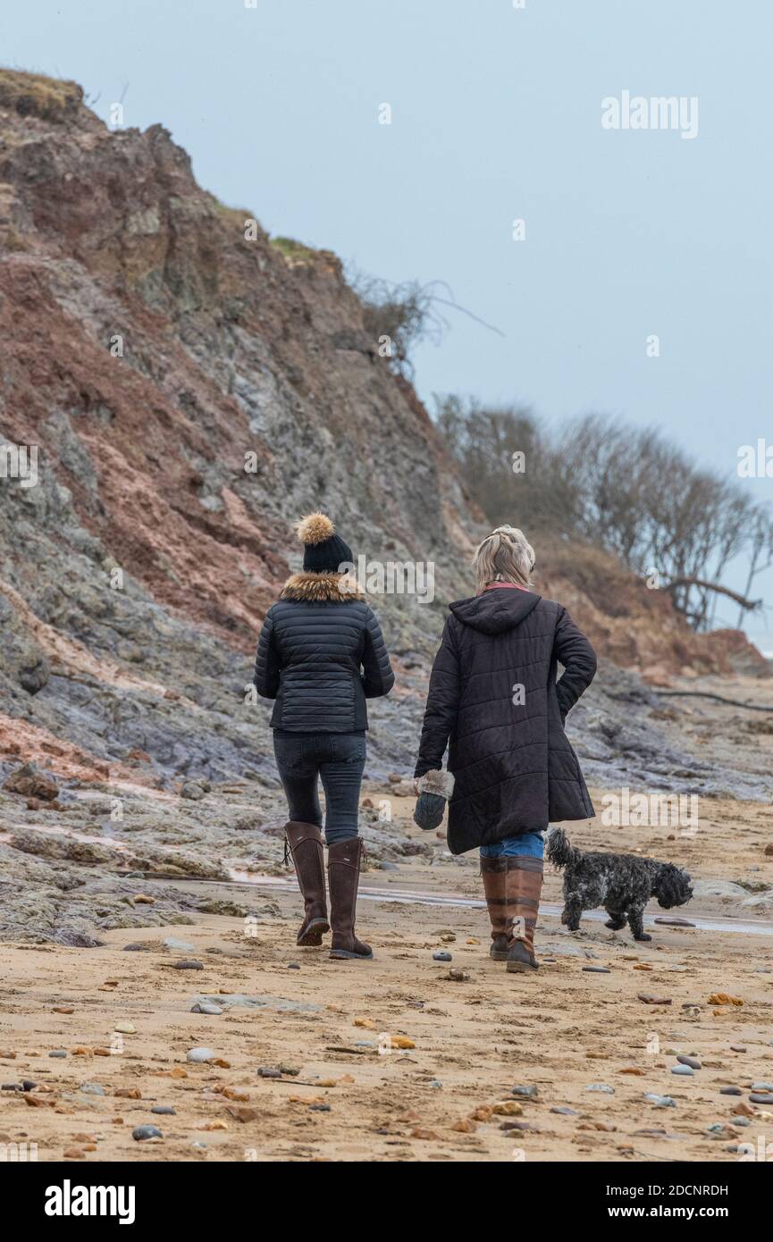 due femmine che camminano un cane sulla spiaggia indossando abiti invernali. Foto Stock