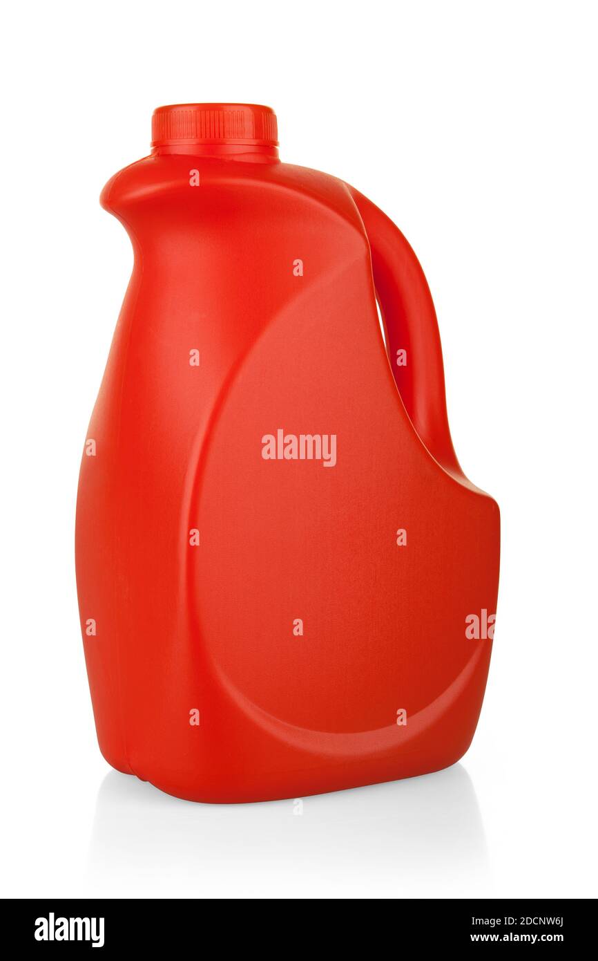 Flacone in plastica rosso senza etichetta su sfondo bianco Foto Stock