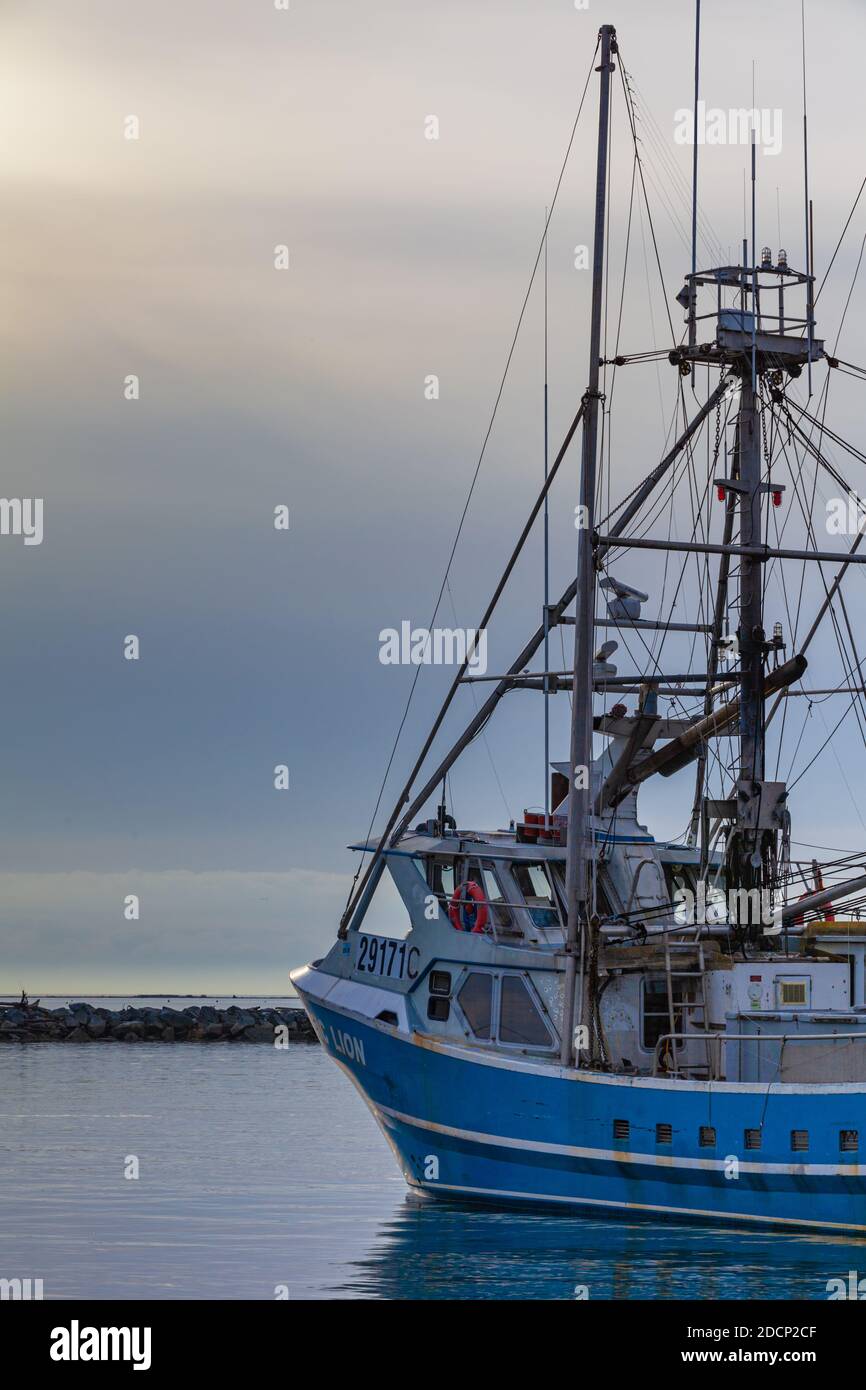 Nave da pesca commerciale con scafo blu a Steveston Harbour, British Columbia Canada Foto Stock