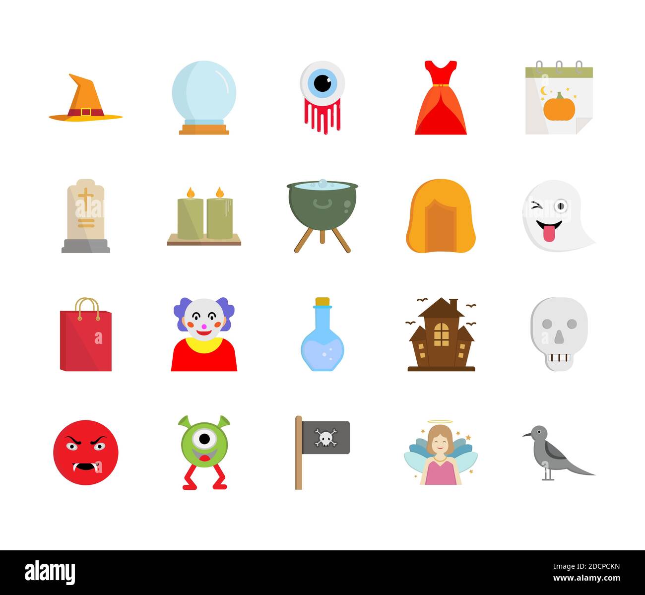 Insieme di cartoni animati vettoriali di Halloween Elements isolato su sfondo. Illustrazione Vettoriale