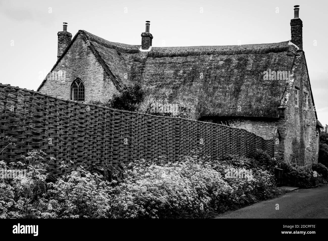 Una recinzione di picchiettio magistralmente tessuta circonda il giardino di una casa sul tetto in paglia storicamente significativa e bella a East Coker, Somerset, Inghilterra Foto Stock