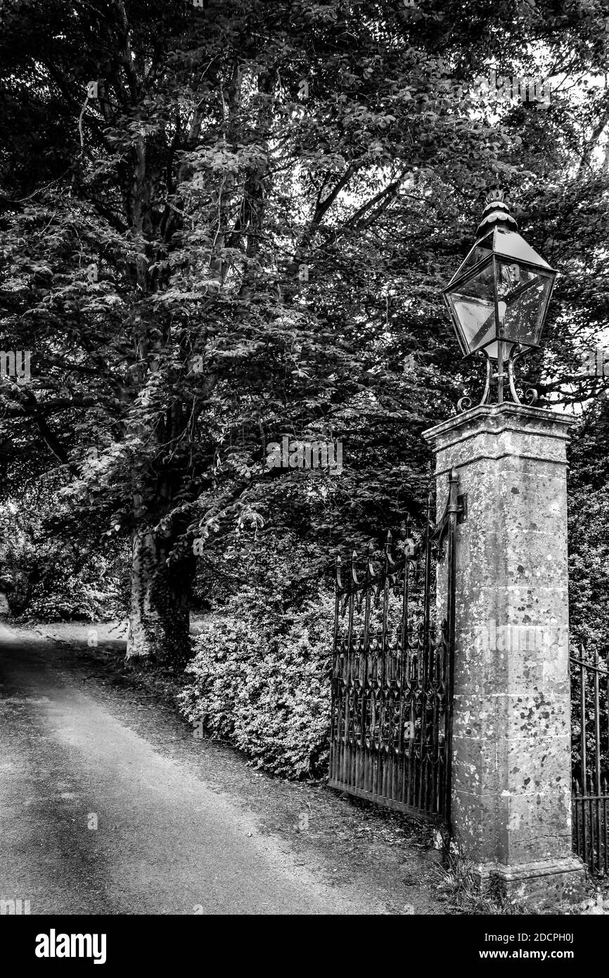 Un cancello aperto di ferro per un vialetto di una casa padronale ingresso con una luce di un pullman lanterna in cima ad una colonna di pietra ad un giardino privato e alberi antichi Foto Stock