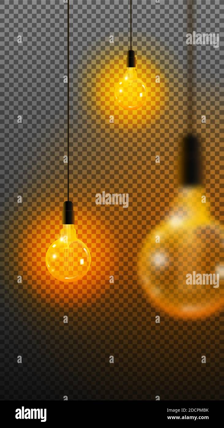 Set trasparente di lampadine luminose vintage realistiche e colorate con lampade incluse in stile loft illustrazione vettoriale. Illustrazione Vettoriale