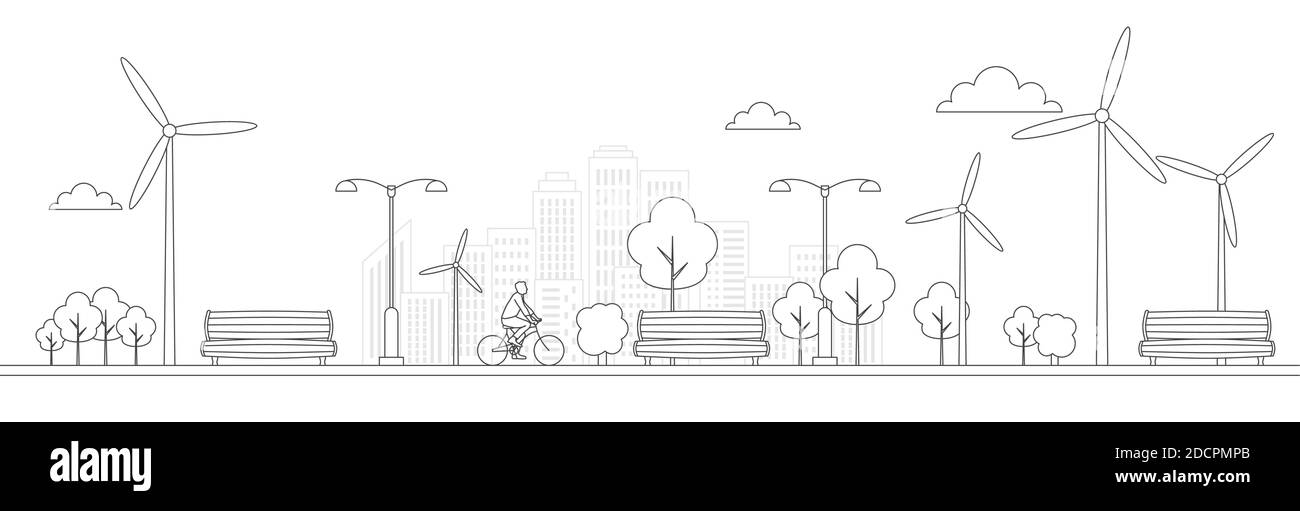 Bicicletta in un parco con panca e cestino. Icone di linea. Concetto di stile di vita sano e sostenibile. Ricreazione e relax in città. Contorno nero attivo Illustrazione Vettoriale