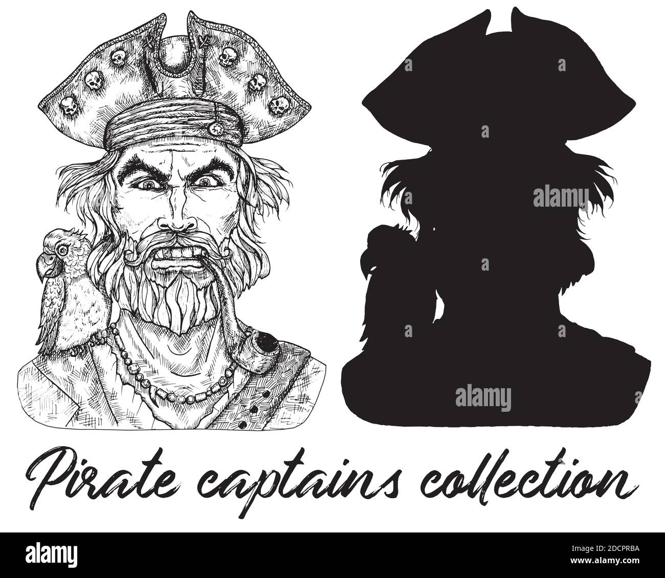 Arrabbiato capitano pirata e silhouette isolato su bianco. Illustrazione vettoriale disegnata a mano di marinaio, marinaio o marinaio in vecchio stile vintage Illustrazione Vettoriale