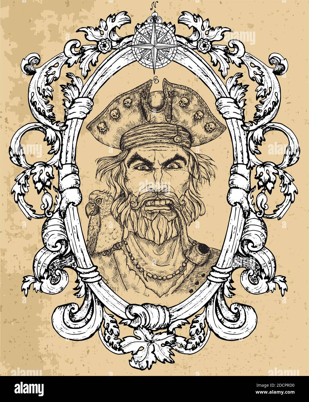 Ritratto di capitano pirata arrabbiato con barba e pappagallo su sfondo texture. Vettore inciso a mano illustrazione di marinaio, marinaio o marinaio in Illustrazione Vettoriale