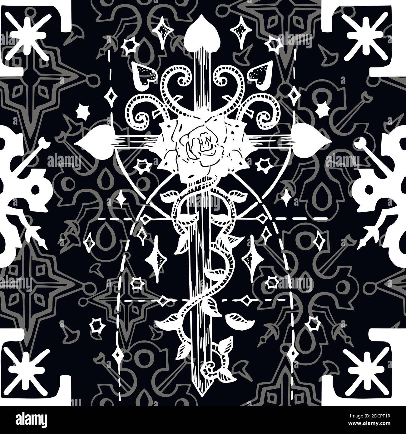 Modello senza cuciture con fantasy cross e modelli barocchi, concetto gotico e mistico Illustrazione Vettoriale