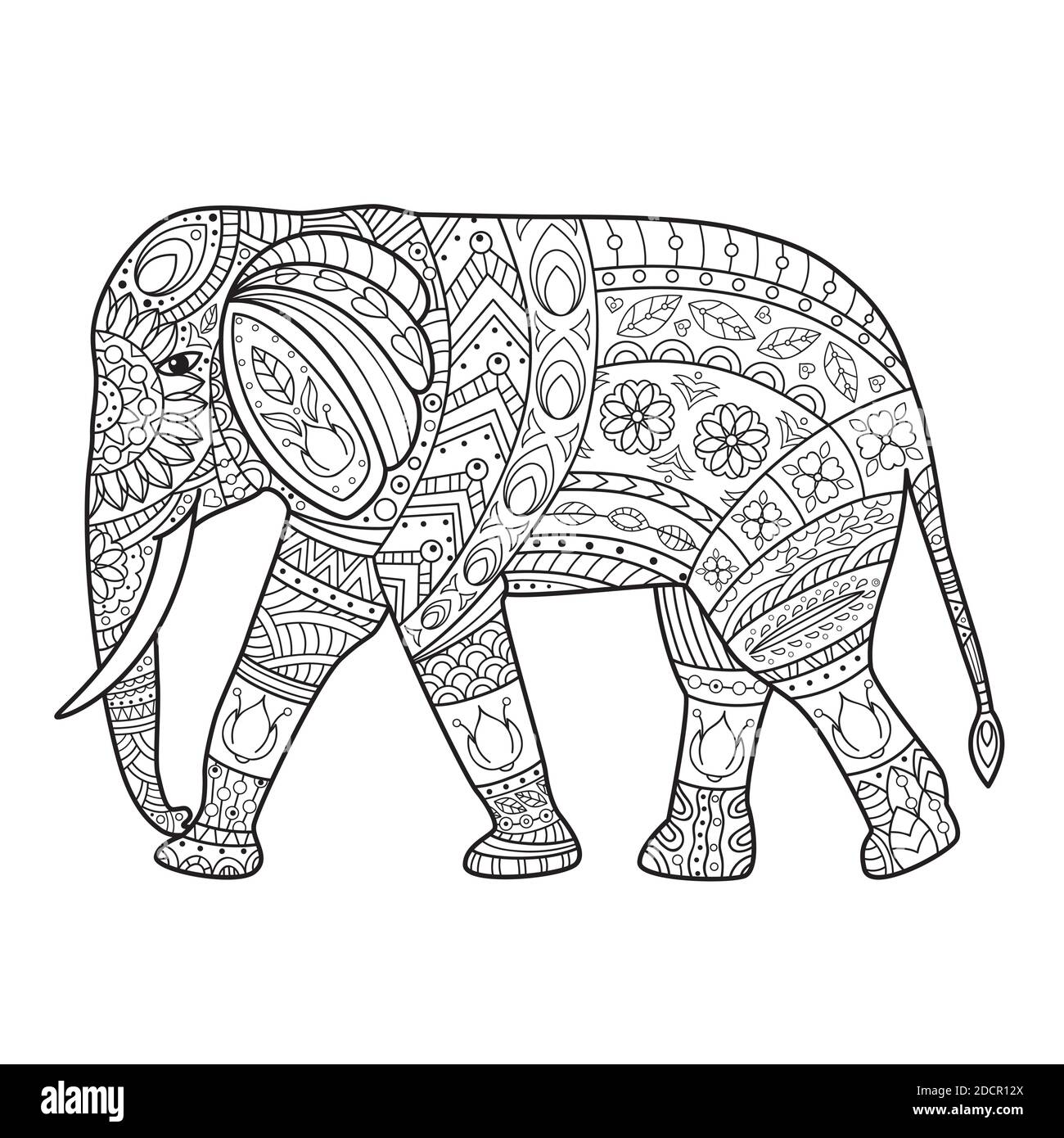 Motivo in bianco e nero per la colorazione. Colorare la pagina del libro con elefante che cammina. Splendido ornamento floreale africano astratto per elemento di design e adul Illustrazione Vettoriale