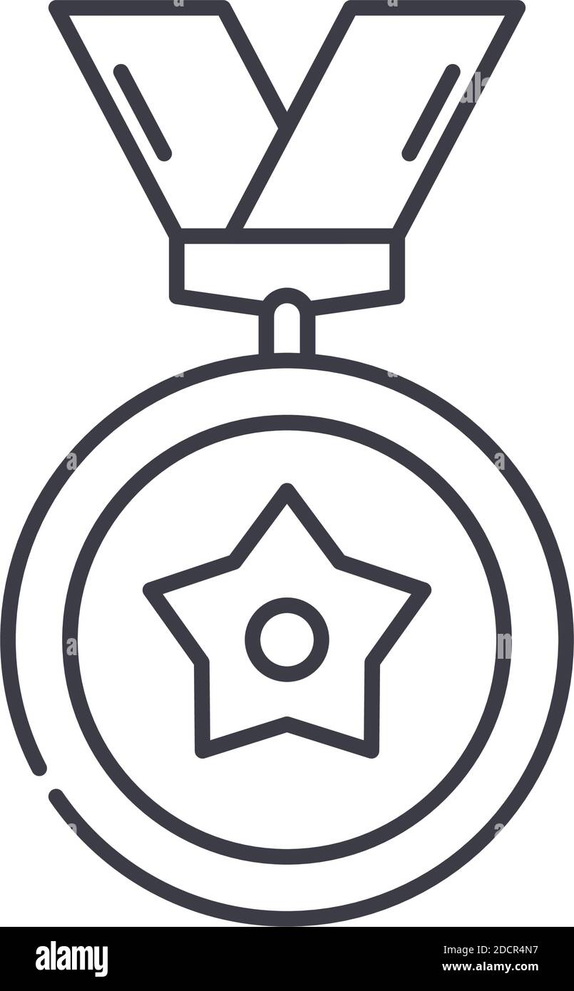 Icona del concetto di riconoscimento delle medaglie, illustrazione isolata lineare, vettore di linea sottile, segno di disegno di fotoricettore, simbolo di concetto di contorno con tratto modificabile su bianco Illustrazione Vettoriale