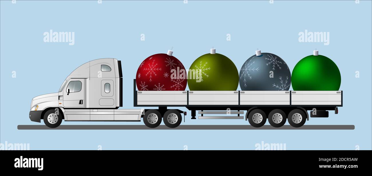 Un autocarro semi-rimorchio americano trasporta grandi decorazioni dell'albero di Natale per Natale e Capodanno. Illustrazione vettoriale Illustrazione Vettoriale